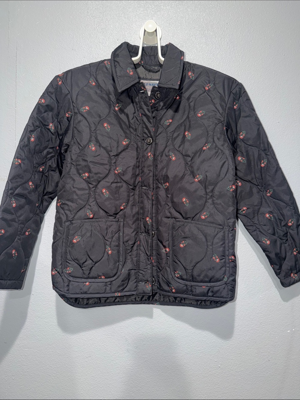 Old Navy Black Quilted Puffer Jacket with Red Floral Dots